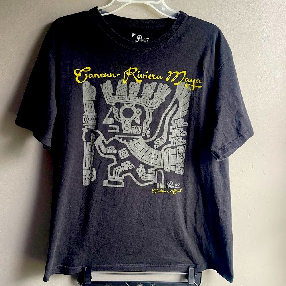 PIER 27 CANCUN RIVIERA MAYA GRAPHIC TSHIRT. CARIBBEAN SOUL SZ L 100%COTTON,BLACK